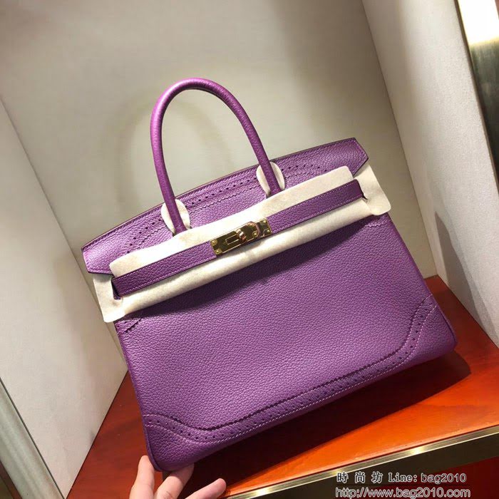 HERMES愛馬仕 鉑金包 Birkin Ghillies 30Cm Swif拼Tc P9 Anemonb 海葵紫 金扣 頂級工藝 手縫蠟線 時尚手提包  Ama1595